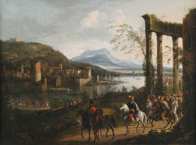 Weite italienisierende Flusslandschaft mit Ruinen, Hafenanlage und großem Reiterzug von Willem van Bemmel